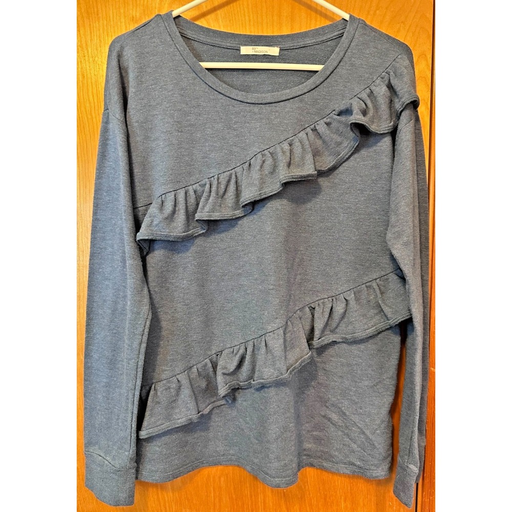 89th and Madison Long Sleeve Crew Neck Ruffle French Terry Top Gray XL (EST)